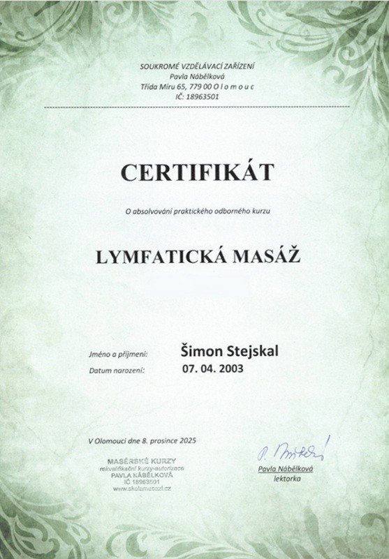 Certifikát lymfatické masáže – Šimon Stejskal